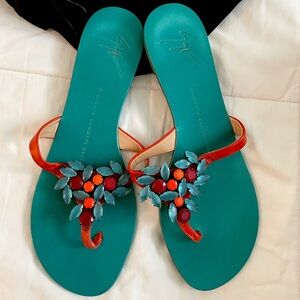 Giuseppe Zanotti Slides Leather Coral Jeweled Turquoise Sandals Size 7